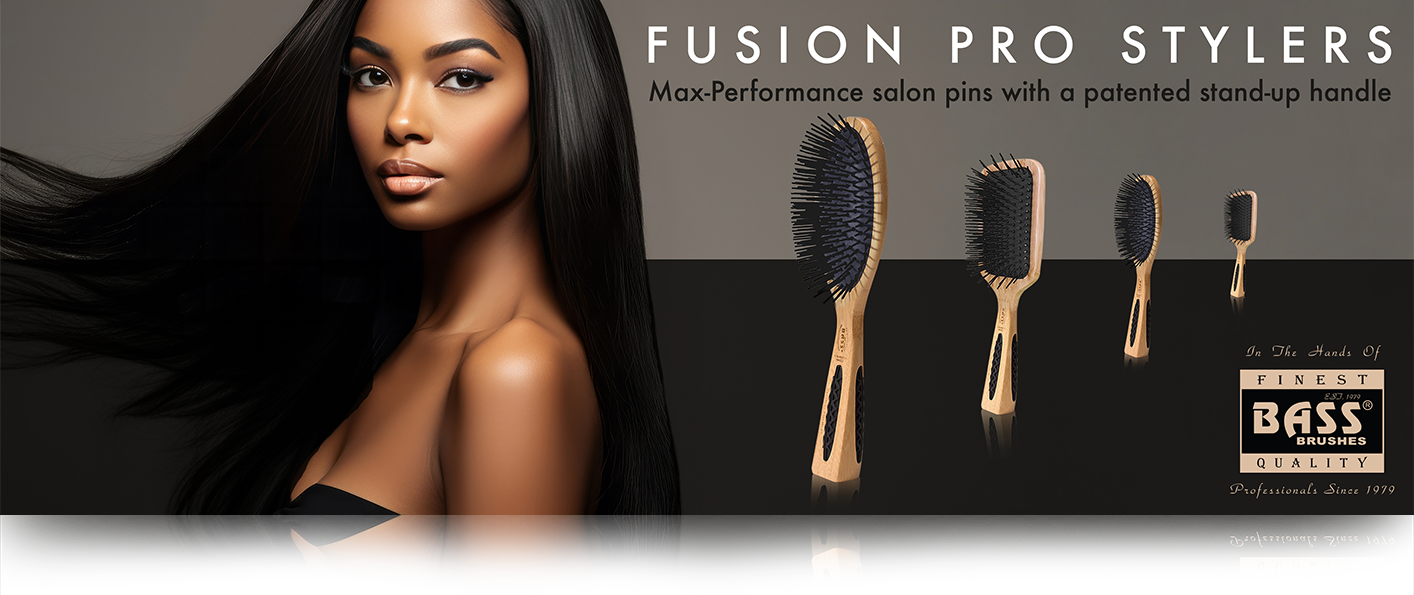 FUSION Pro Stylers by Bass Brushes with Max-Performance pins, bamboo stand-up handle, and ergonomic grip for powerful styling.