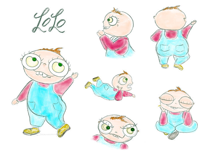 Character design, creacion de personaje, belgica, belgium; belgie, illustration, lolo es un personaje tierno creado para adaptar a literatura infantil e institucional, tiene grandes ojos e irregulares dientes que casi siempre estan afuera, siempre esta acompañado de su amigo que es un peluche al que lleva a todos lados, le gusta pintar y con sus pinceles crea los mundos magicos con los que siempre suspira
