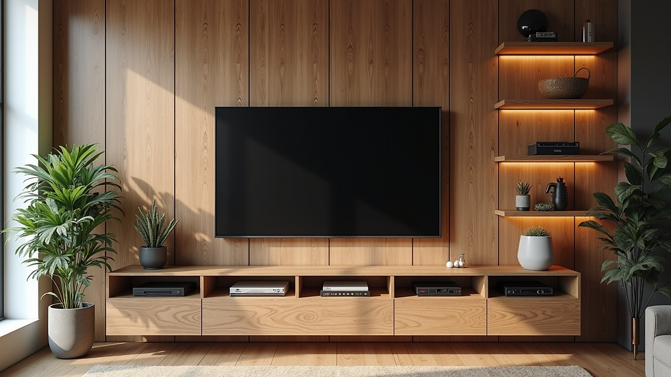High angle view of a rustic media wall with wooden panels and shelves