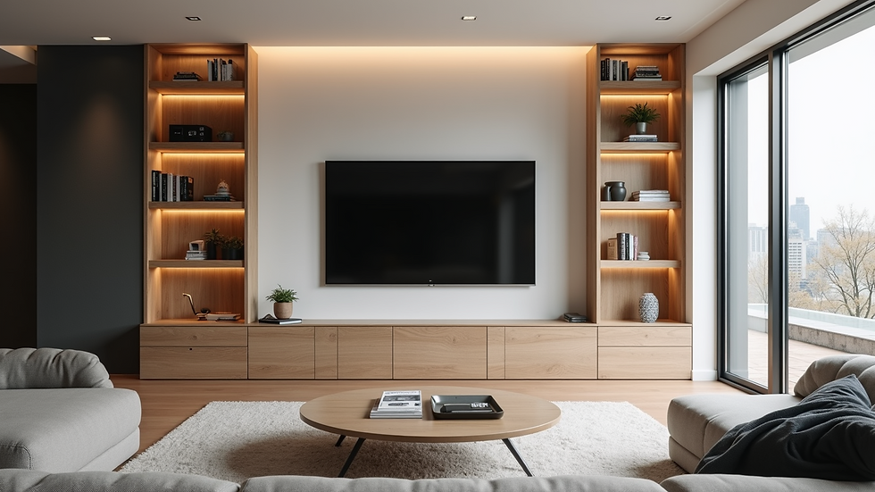Eye-level view of a modern media wall with built-in shelves and TV
