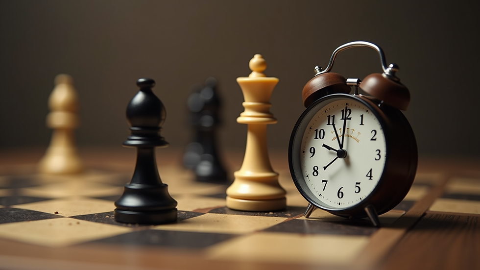 Close-up view of a chess clock next to a chessboard during a timed match