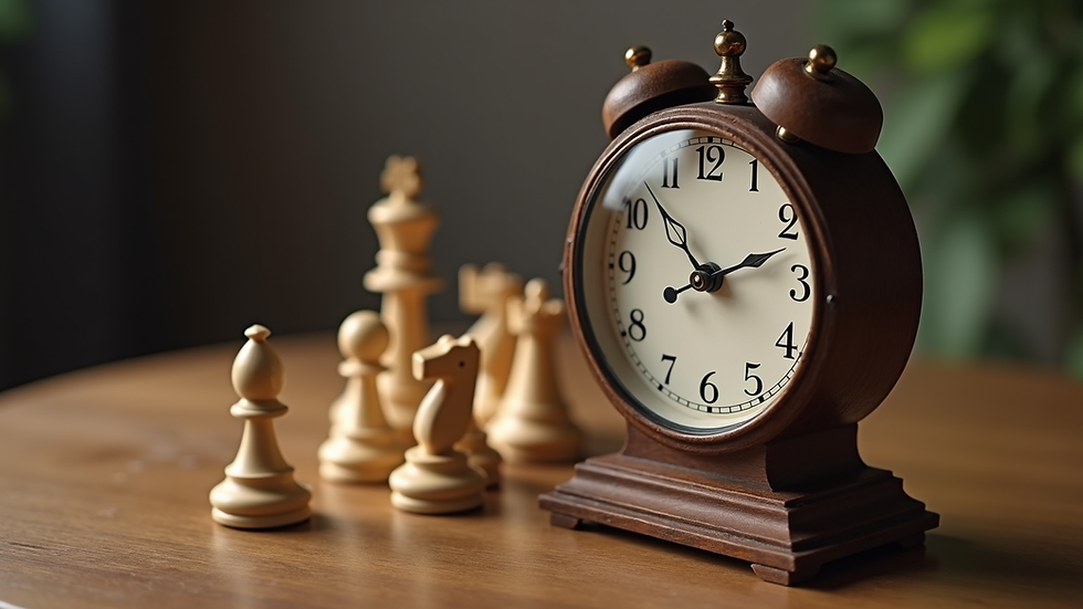 High angle view of a chess clock and chess pieces on a wooden table