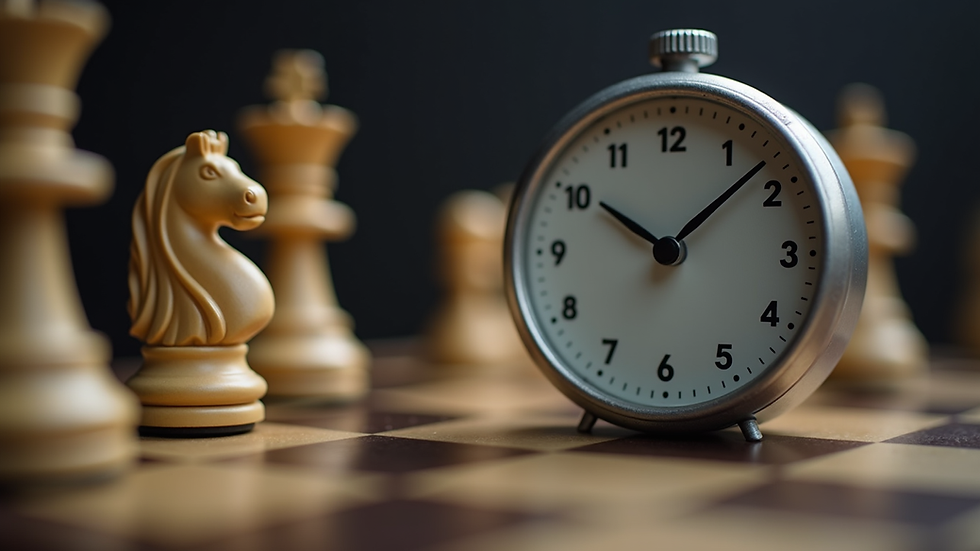 Close-up view of a chess clock next to a chessboard during a timed match