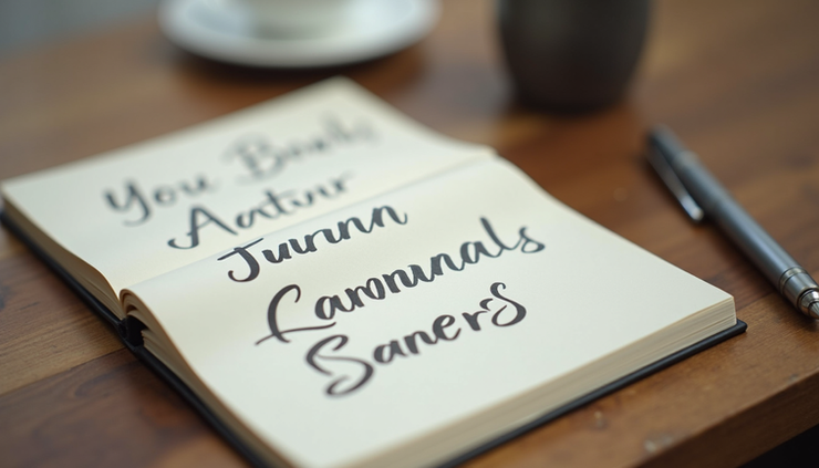 Close-up view of a journal with handwritten affirmations and a pen on a wooden table