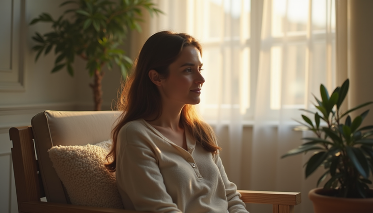 Eye-level view of a calm woman sitting in a cozy room with soft natural light
