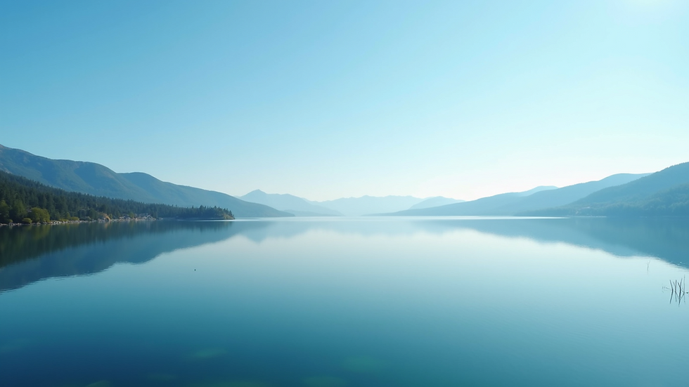 Close-up view of a calm lake reflecting a clear blue sky