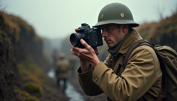 Vista a nivel de ojo de un fotógrafo de guerra tomando imágenes en las trincheras durante la Primera Guerra Mundial