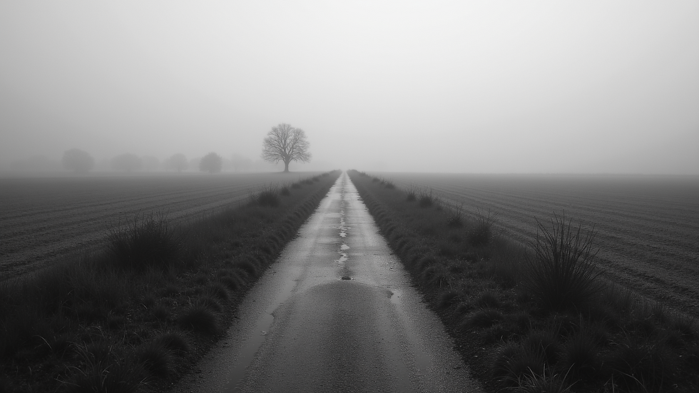 Vista en ángulo alto de un camino solitario en blanco y negro