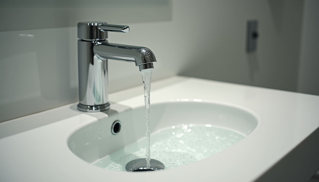 Close-up view of bathroom sink with water spots