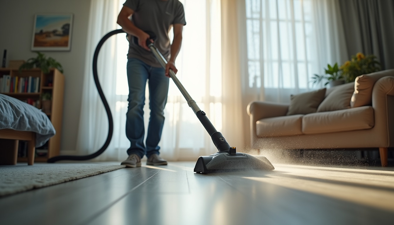 Eye-level view of a professional cleaner using advanced equipment in a residential room
