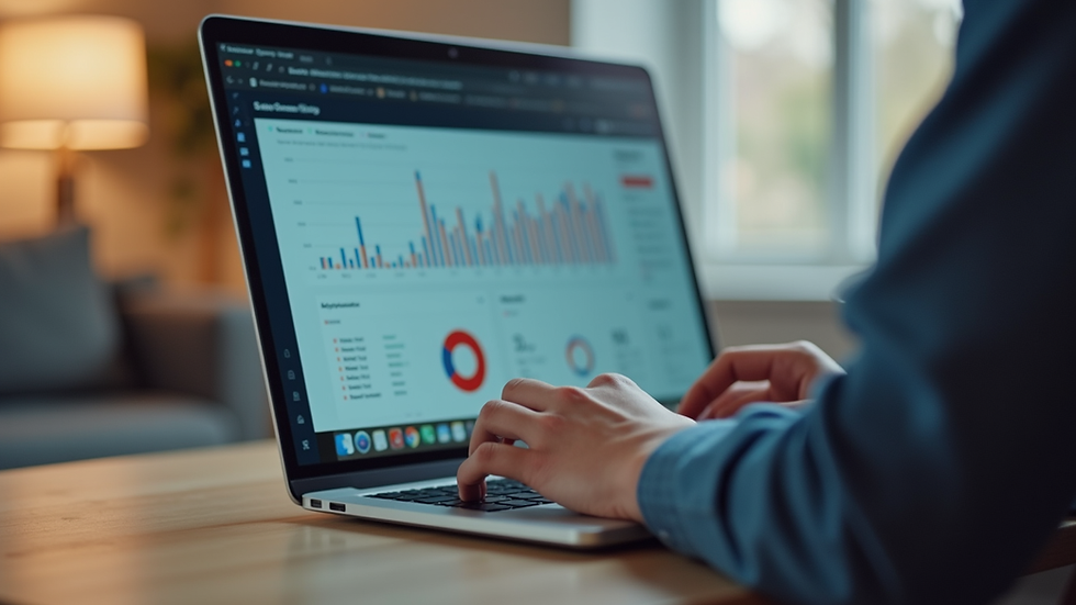 Close-up view of a person typing on a laptop with website analytics on screen