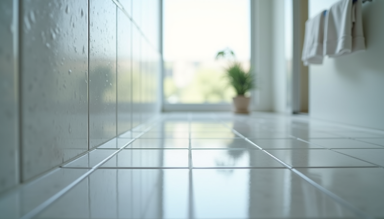 Eye-level view of clean and shiny bathroom tiles
