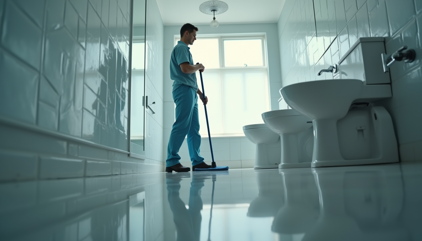 Eye-level view of a professional cleaner inspecting a bathroom