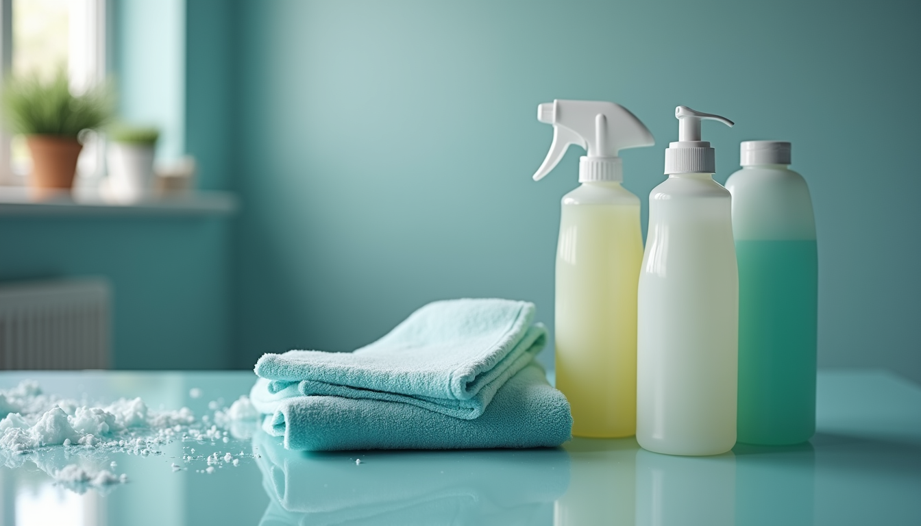 Close-up view of cleaning equipment and eco-friendly detergents