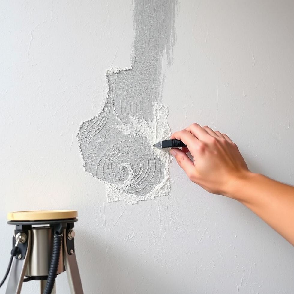 Hand applying gray plaster to a white wall