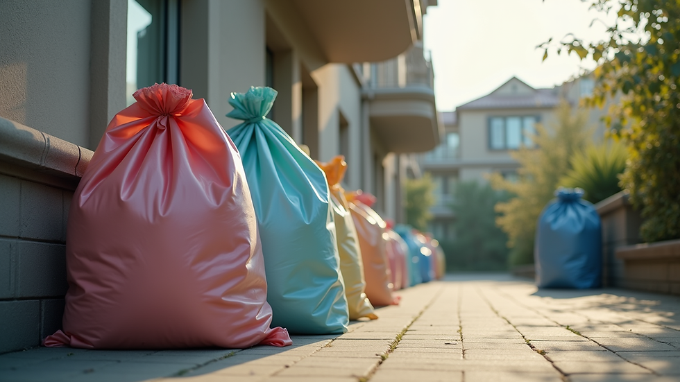 Eye-level view of laundry bags ready for pickup outside a residential building