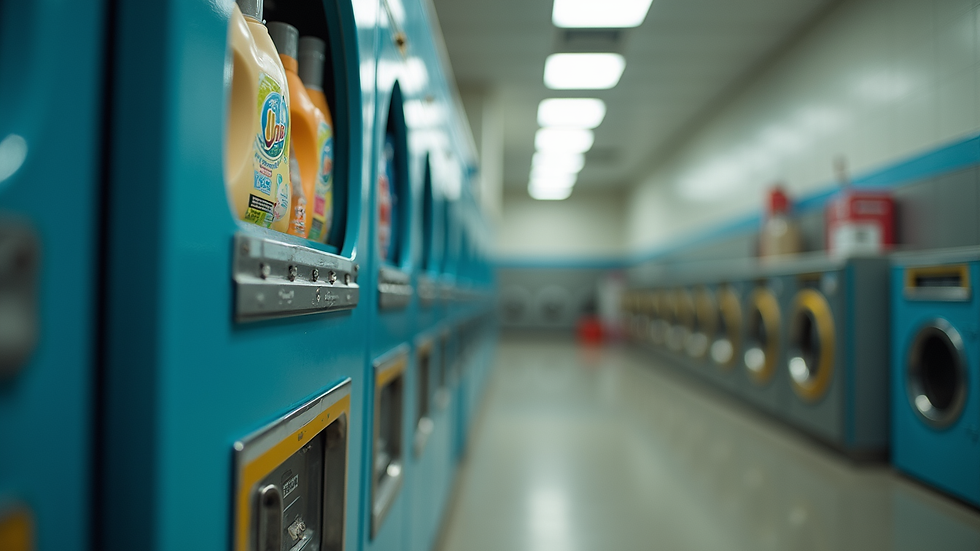 Close-up view of a laundry detergent vending machine inside a laundromat