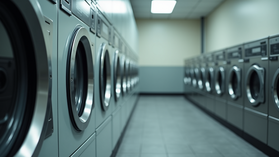 Eye-level view of commercial laundry machines in a hotel laundry room