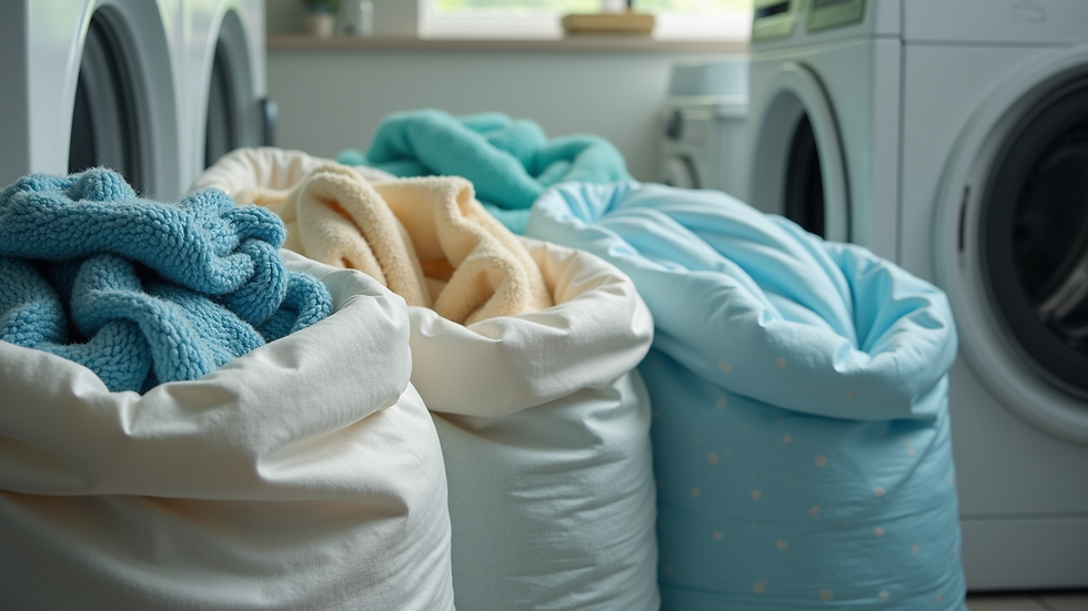 Eye-level view of laundry bags filled with clothes ready for washing