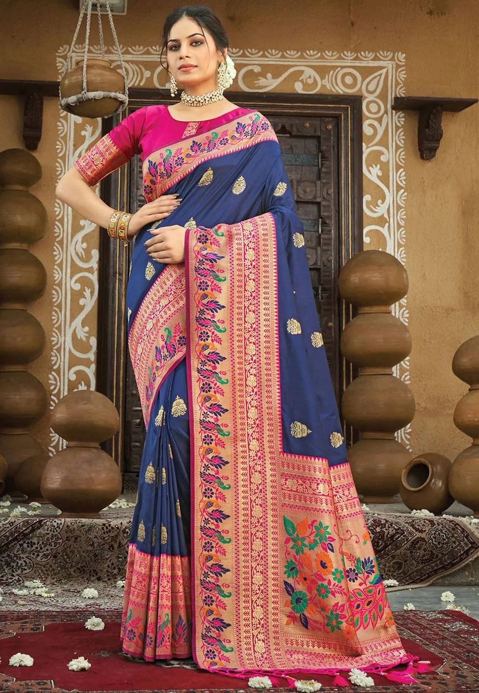 Berry Blue & Rose Paithani Silk Saree