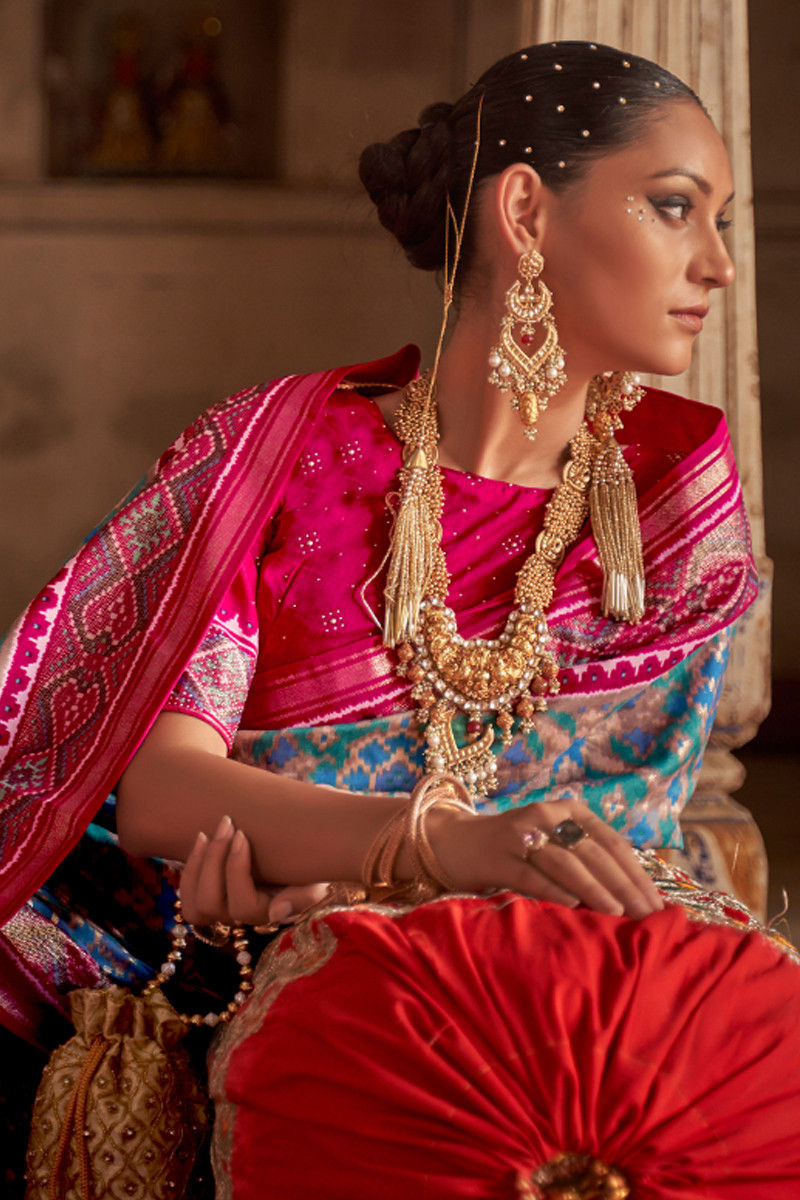 Slate Blue & Magenta Patola Silk Saree