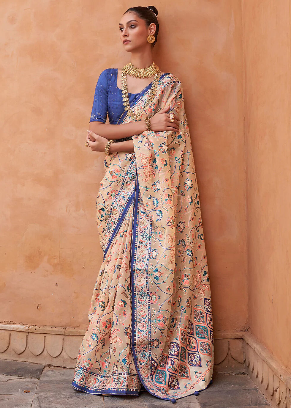Dusty Peach & Lapis Blue Brasso Silk Saree