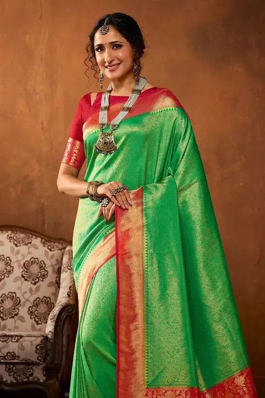 Pastel Green & Red Kanjivaram Silk Saree