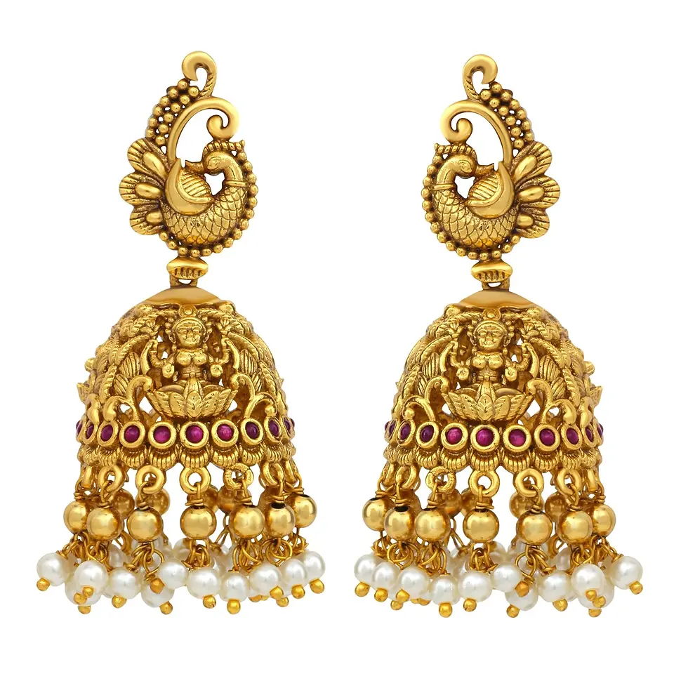 Premium Matte Finish Gold Plated Peacock Design Temple Jhumka Earring