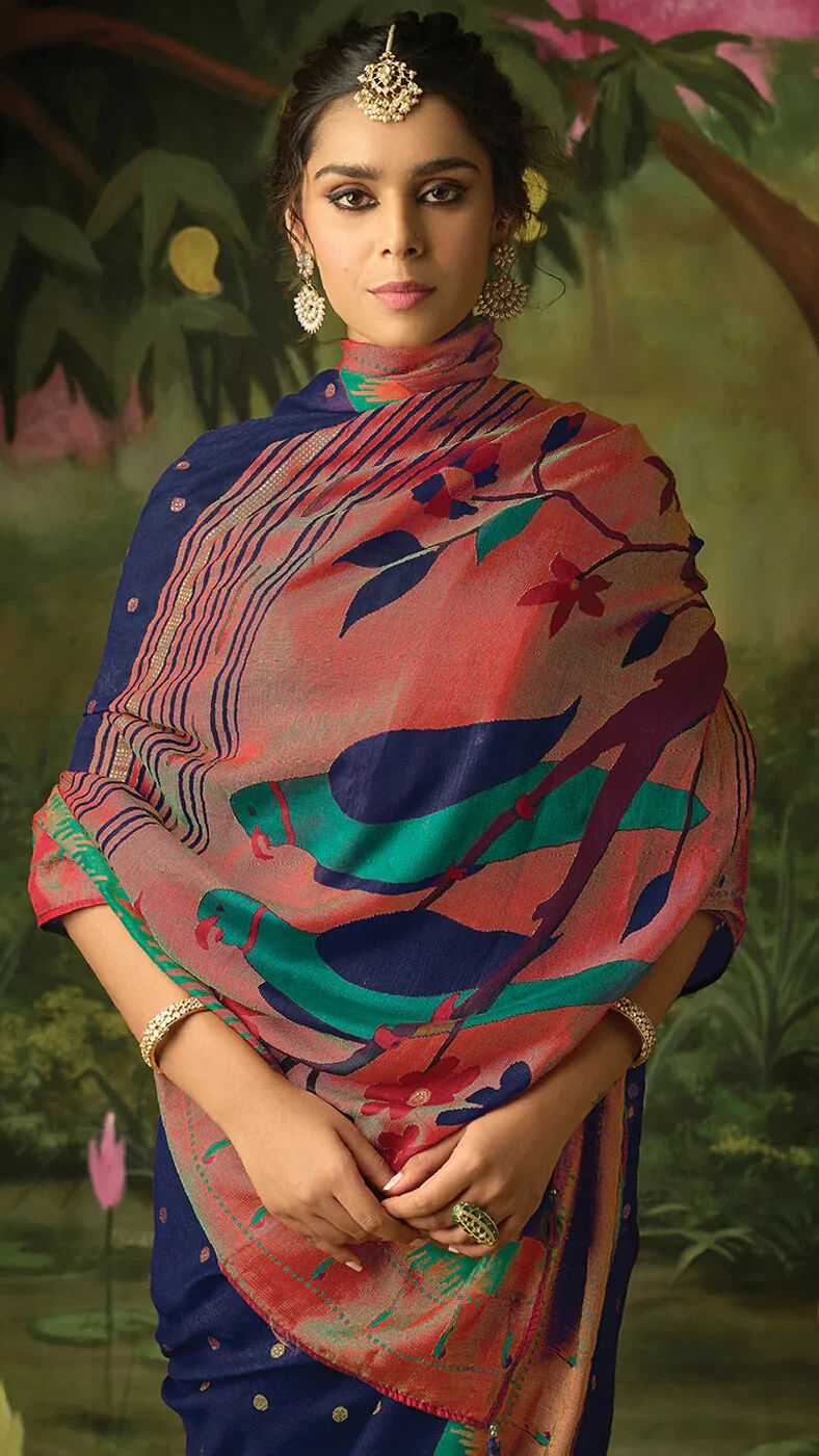 Dark Blue & Red Brasso Silk Saree