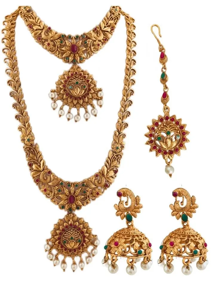 Traditional Gold Plated Floral Design Temple Jewellery Bridal Set
