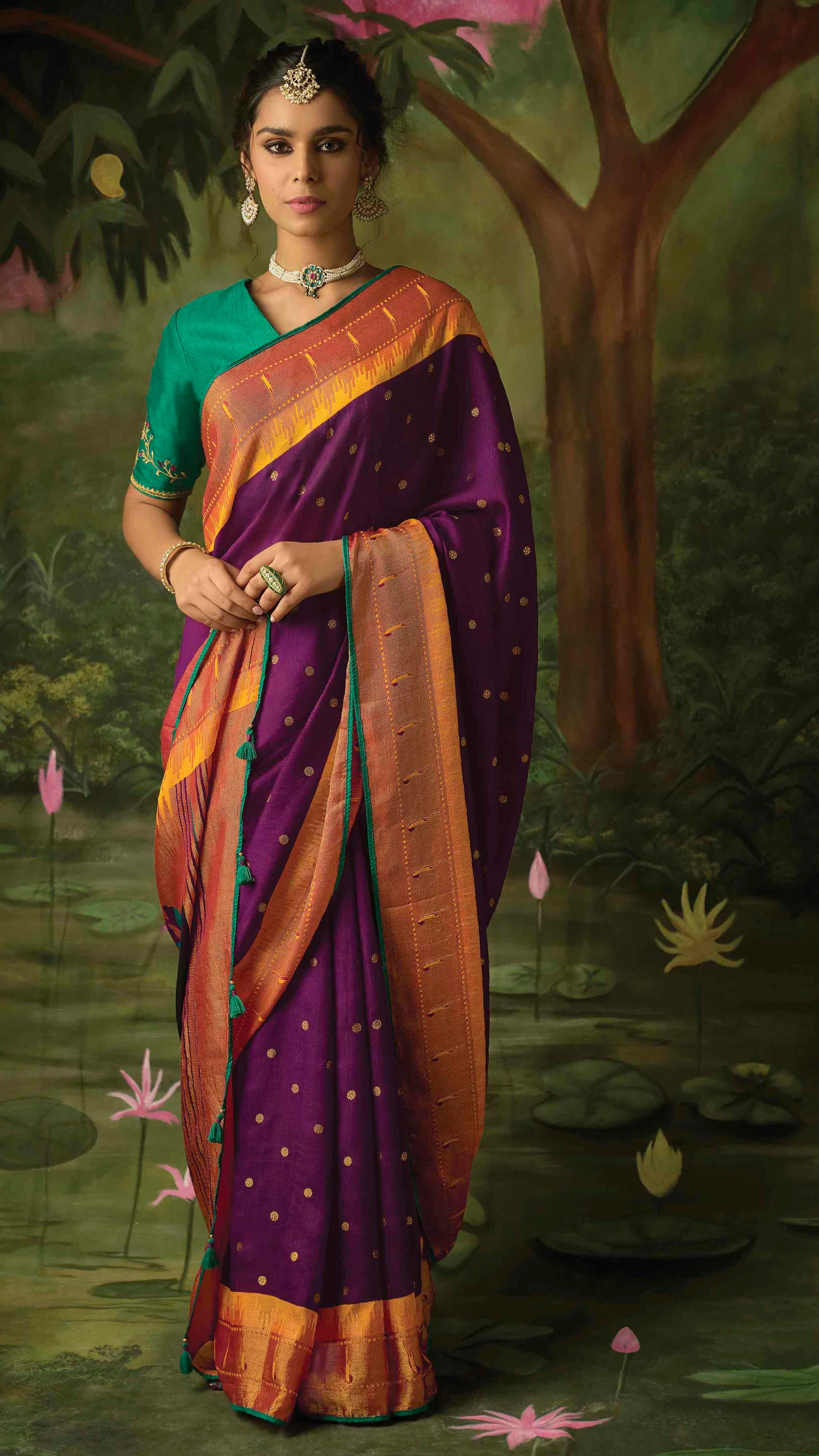 Purple & Yellow Brasso Silk Saree