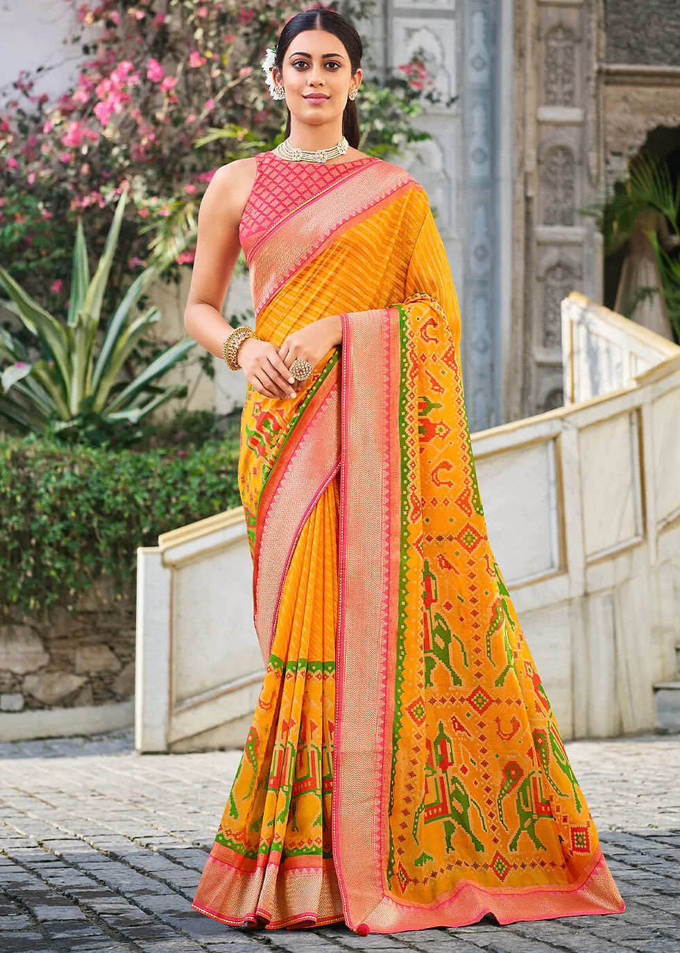 Golden Orange & Pink Brasso Patola Silk Saree