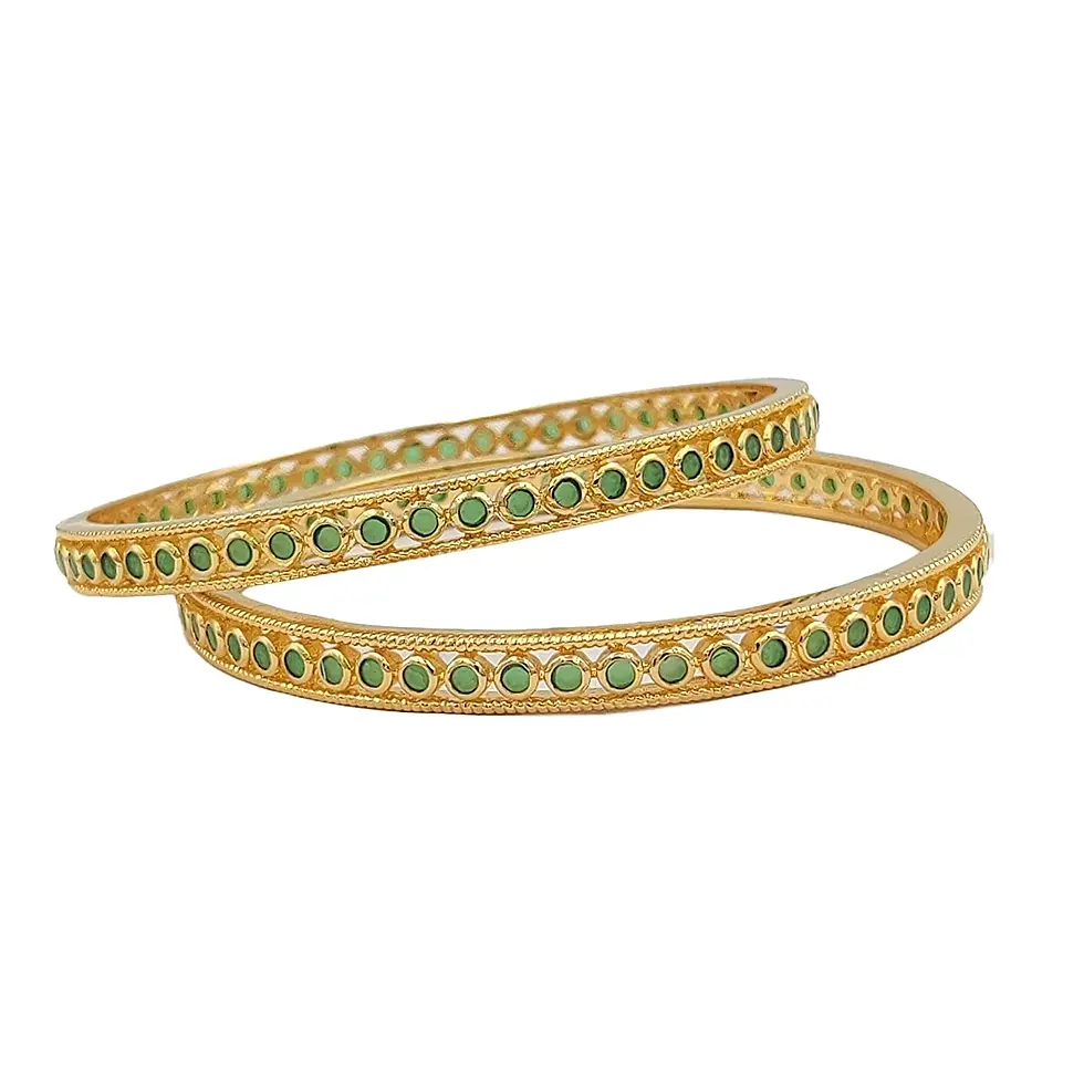 Gold Plated Traditional Green Bangles With CZ Stones