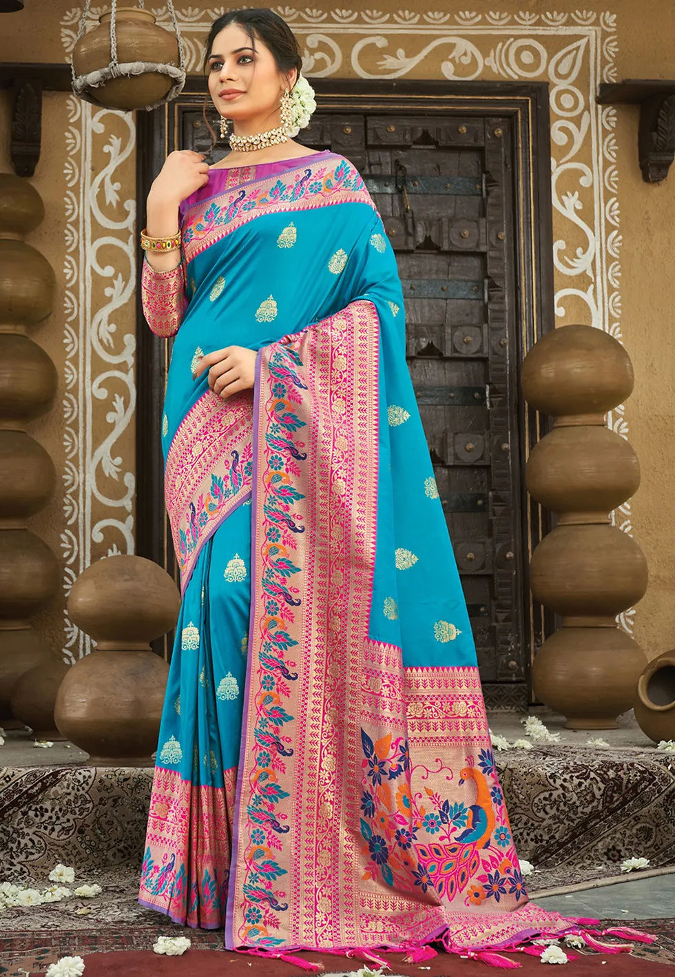 Pacific Blue & Mulberry Paithani Silk Saree