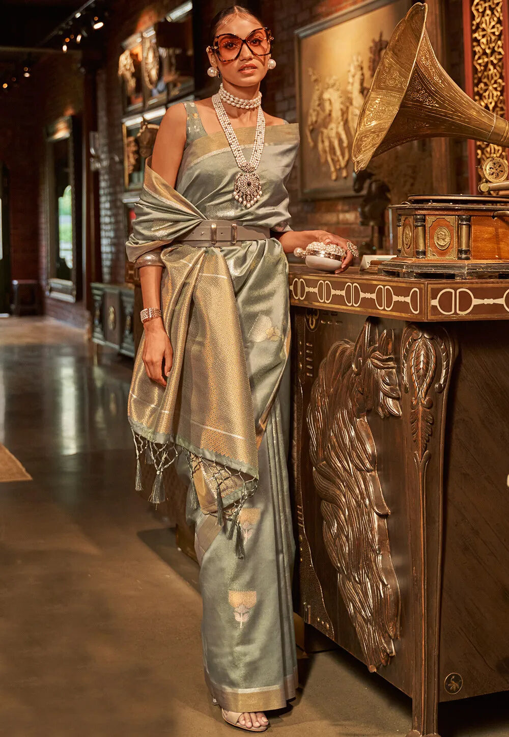 Greenish Silver Kanjivaram Soft Silk Saree