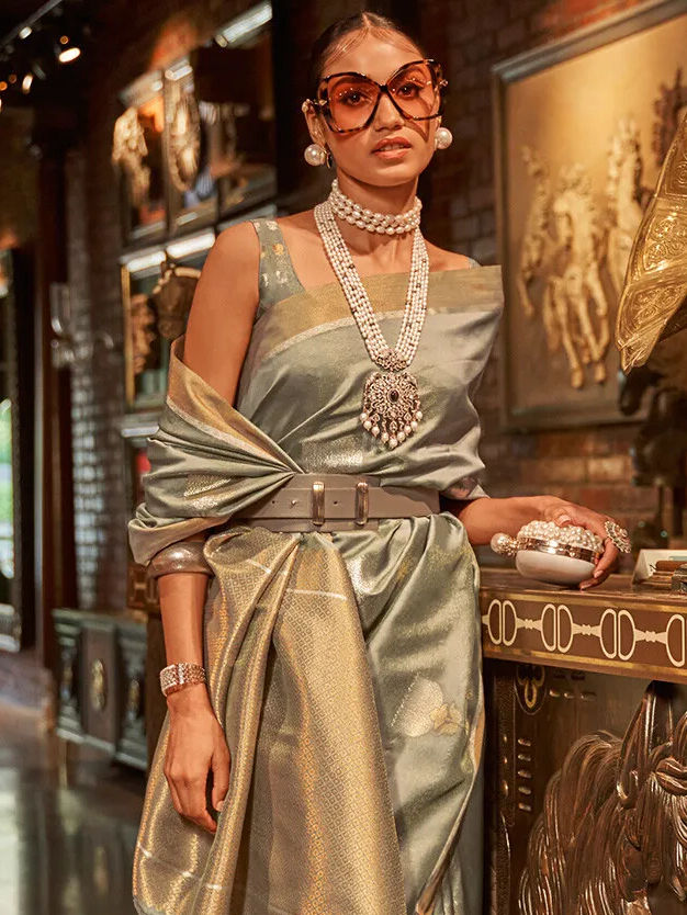 Greenish Silver Kanjivaram Soft Silk Saree