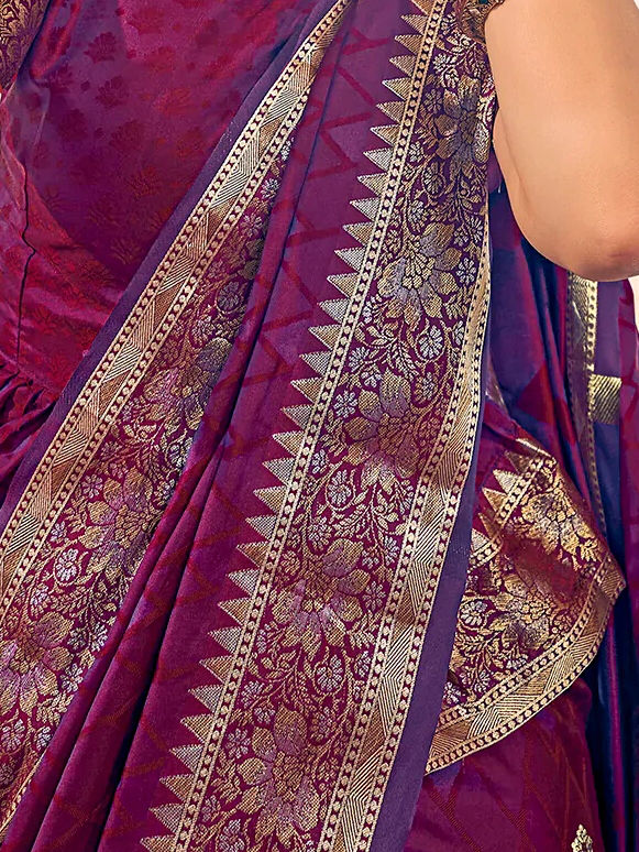 Thumbnail: Wine Red & Purple Kanjivaram Soft Silk Saree