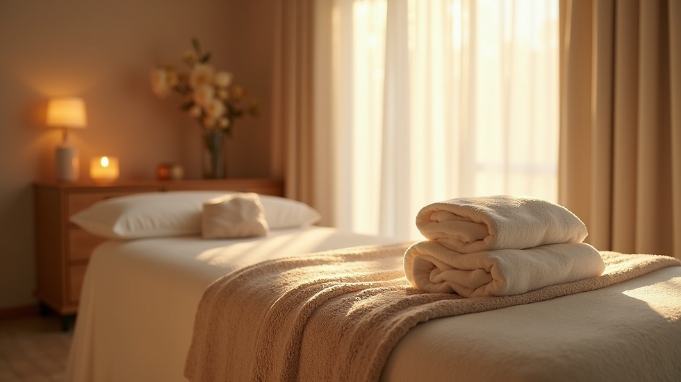 Close-up view of a tranquil massage room with soft lighting and calming decor