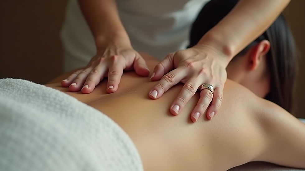 Close-up view of a massage therapist's hands applying pressure on a client's back