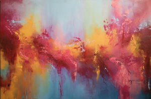 Abstrakte Kunst „Facettenreich 3“ mit intensiven Gelb‑, Rot‑, Magenta‑ und Blautönen in dynamischer, strukturierter Kompositi