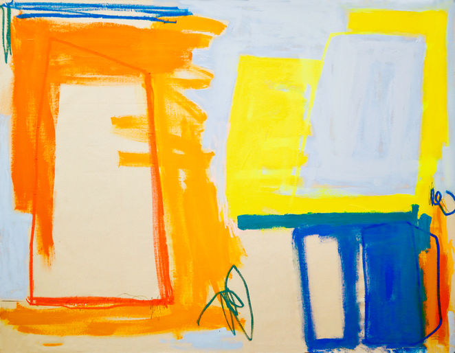 ‘The poetics of space’ revolves around the continuous construction and deconstruction of space—an exploration of how physical environments and mental landscapes intersect, shift, and reconfigure. Drawing from my architectural background, I engage with the materiality of painting to evoke the fluidity of space, memory, and time. Like architecture, my painting is not meant to be a representation but an environment that invite the viewer to experience them as places.
I am drawn to work in large-scale, often choosing sites of decay to work—ruins, abandoned construction zones, and overlooked areas of urban centers. These spaces, marked by history and impermanence, influence both the materials I use and the atmosphere I create. Raw canvas, layered paint, found objects, and photographs become integral to the work, their textures and fragments imbued with the traces of lived experience. Many pieces in this collection I’m developing began with photographs of urban sites that have been abstracted to the point where the sense of place outweighs the literal representation, evoking a more permanent, emotional connection to the space. This one however was born out of the need to create a space with solid colours and with empty negative spaces, in the simplest forms and hues and some minimal lines.
Ultimately, recently through painting I have been finding a space for reflection—a realm where meaning is not fixed, but constantly evolving. Just as the built environments we inhabit shape us, the current body of work in progress invites the viewer into a space that is not fully defined, one that shifts and transforms through engagement. In this process, I aim to construct painted realms for dialogue—not only between the viewer and the work, but also between the work and the world, where meaning becomes fluid, shifting as the work interacts with its context, in an ongoing negotiation between perception, experience, and space.