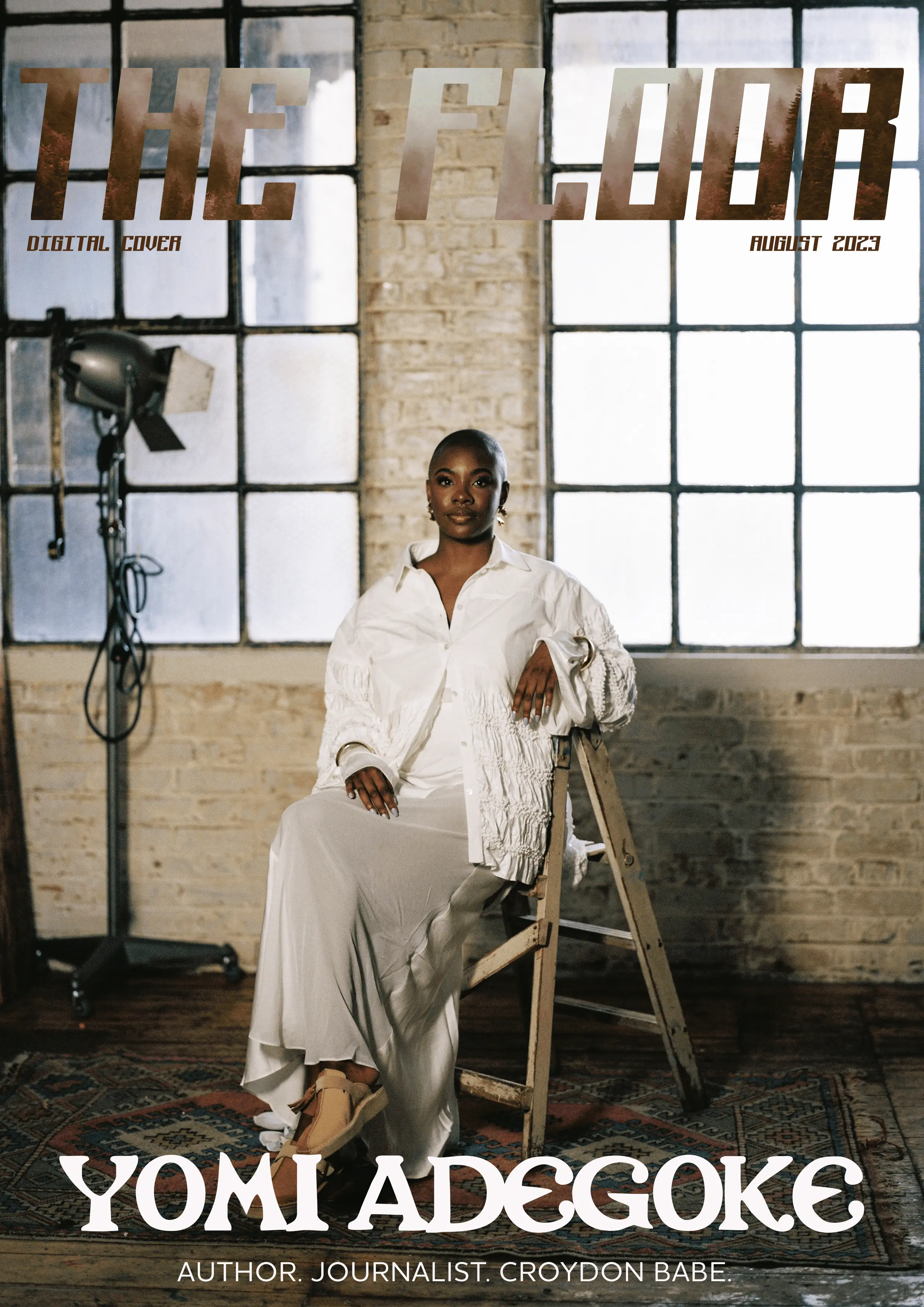 woman sits on ladder, posing for the floor magazine cover