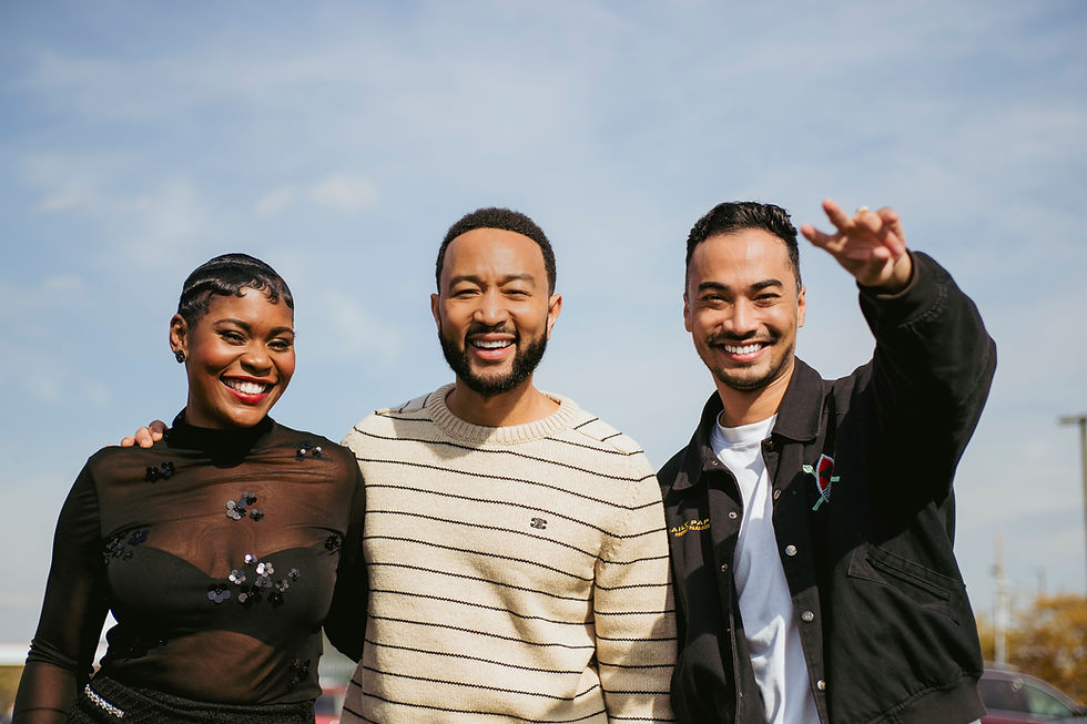 Group of people smiling, peace sign