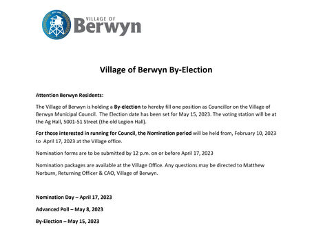 Attention Berwyn Resident By-Election May 15, 2023