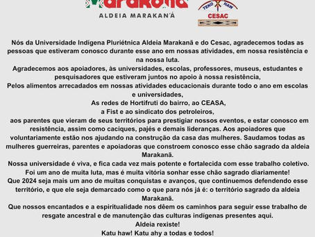 Agradecimento da UNIVERSIDADE INDÍGENA ALDEIA MARAKANÃ