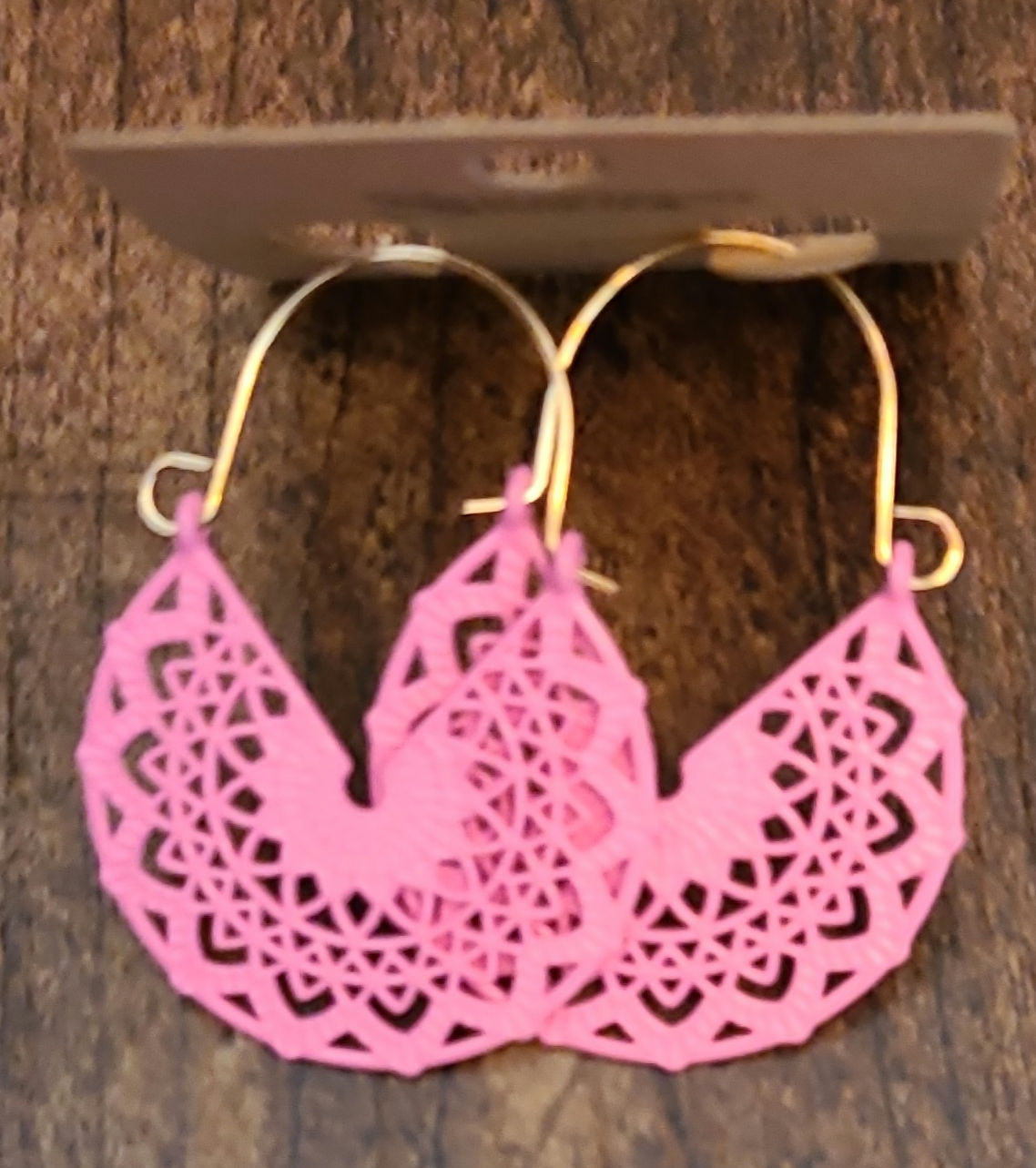PINK PAINTED LASER CUT METAL FILIGREE HOOP EARRINGS