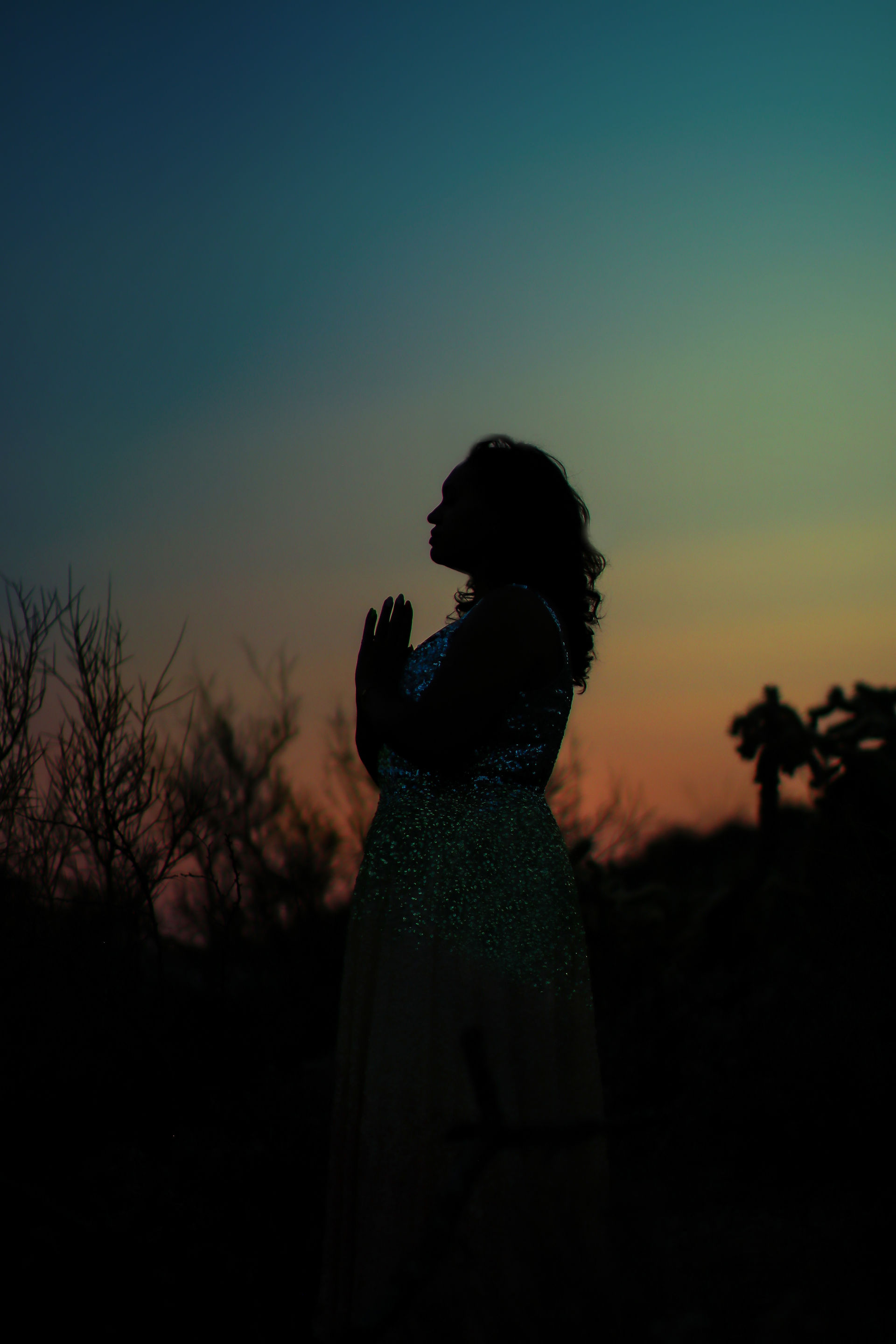 A woman holds her hands together in prayer as the photographer, Tina Lieberman, captures her side profile. The subject is wearing a sequin dress and the sun is setting at Gates Pass in Tucson AZ 