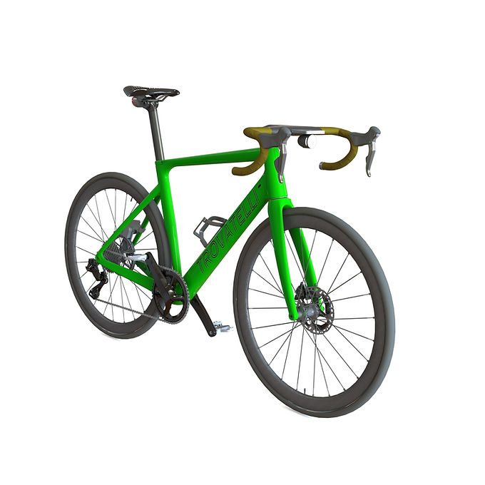 trovatelli t² eBike front view CAD rendering, white background, green coloured bicycle frame
