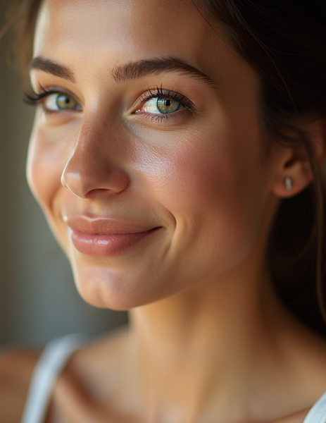Close-up portrait of a woman displaying glowing, healthy skin with subtle natural highligh