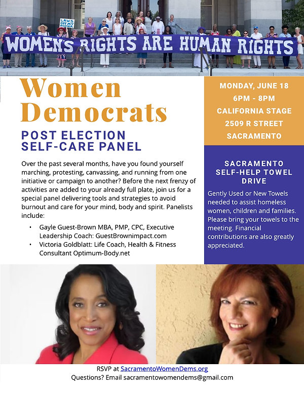 Post Election Self Care panel is the program topic for our June monthly membership meeting. Join in the effort to learn some tips and tools from our panel experts on methods to de-stress after the Primary Election and to transition into the relaxing days of summer.